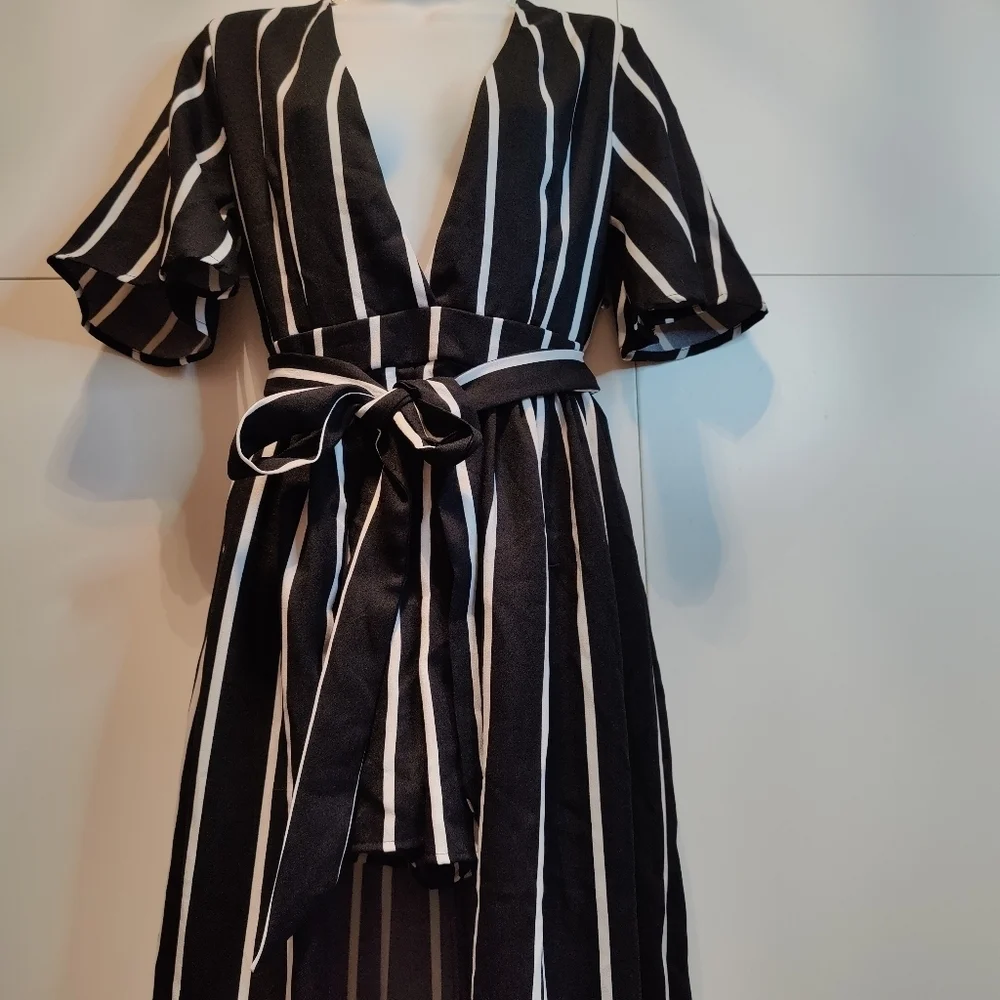 Black White Striped Maxi Dress Romper S Plunge Tie Waist Open Back
